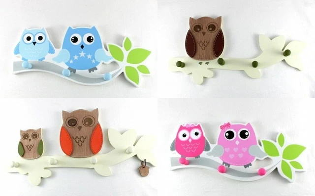 Kids Nursery Bathroom Room Decor Hanging Owl 3 Hook Wall Wooden Hanger