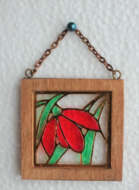 Original OOAK Mini Dollhouse Shabby Stained Glass Window Red Flower  N Woolmer