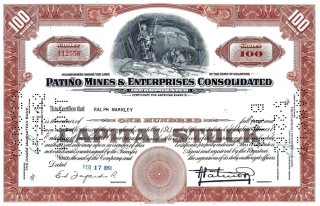 Patino Mines & Enterprises Consolidated Inc., 1961 (100 Shares)