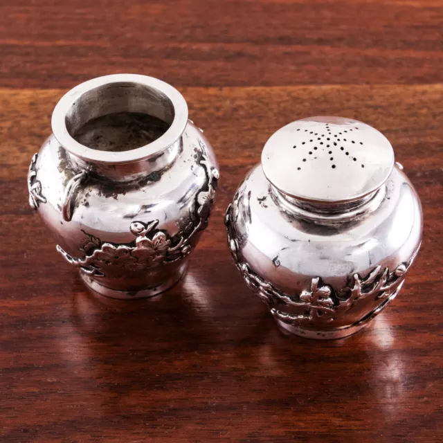 2 S.c Chinese Export Sterling Silver Salt Cellar & Pepper Shaker Cherry Blossom