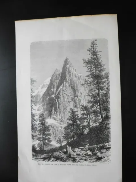 Gravure noir et blanc 19°:aiguille de Dru et verte dans la chaine du Mont-blanc
