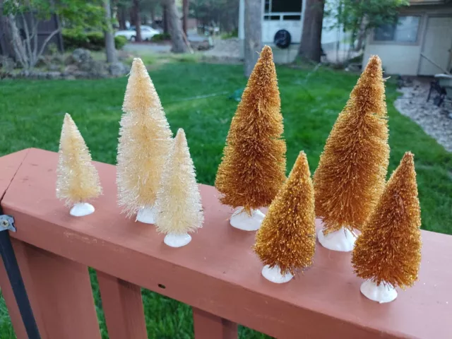 New set of 7 gold Christmas Village Trees glittered NIB sisal