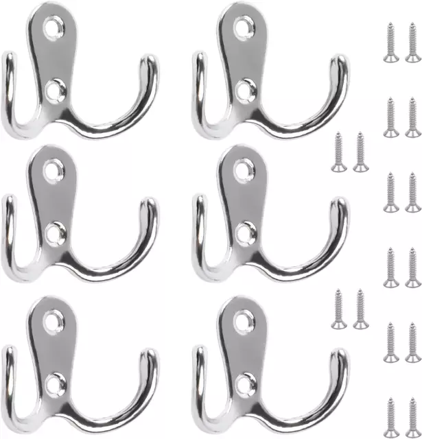 6 PCS Double Prong Robe Hooks Dual Coat Hooks Door Hooks with 16 PCS Screws Wall