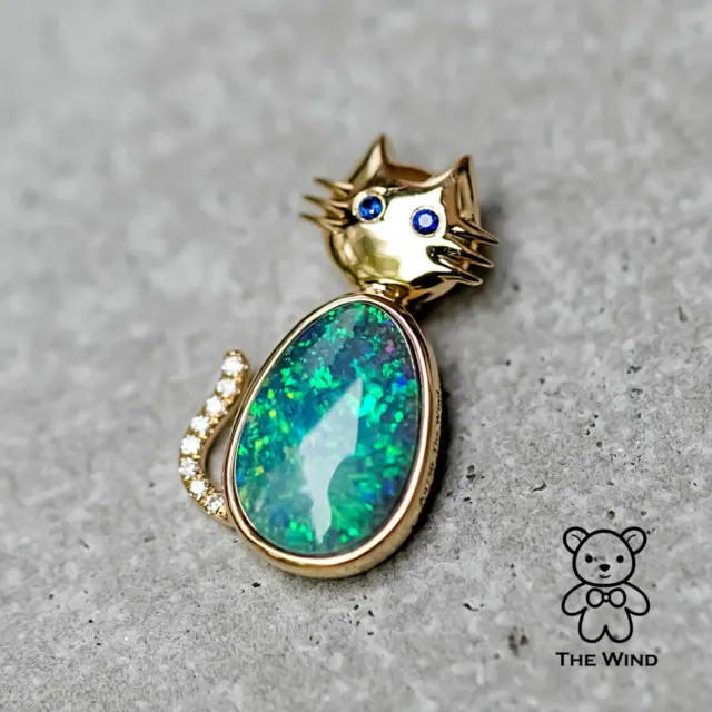 Kitty Cat Pendant Necklace Australian Boulder Opal, Diamond, Sapphire 18K Gold