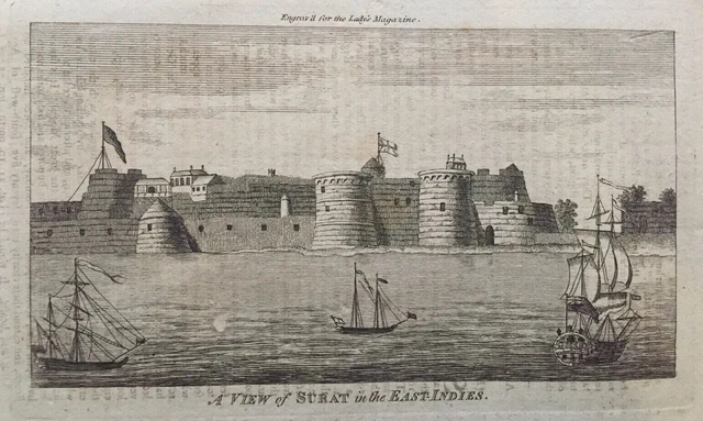 1797 Antique Print; View of Surat, Gujarat, India