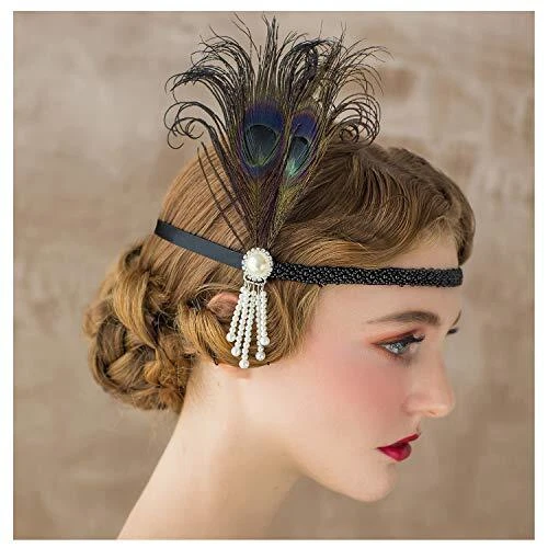 SWEETV 1920s Headpiece Flapper Headband, Pearl Peacock Feather Hair Band, Gre...