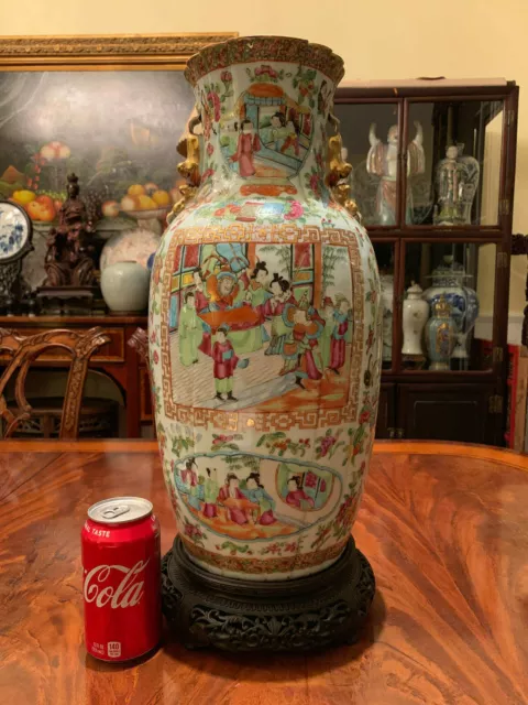 An Excellent Chinese 19th C Rose Medallion Porcelain Vase with Carved Stand.