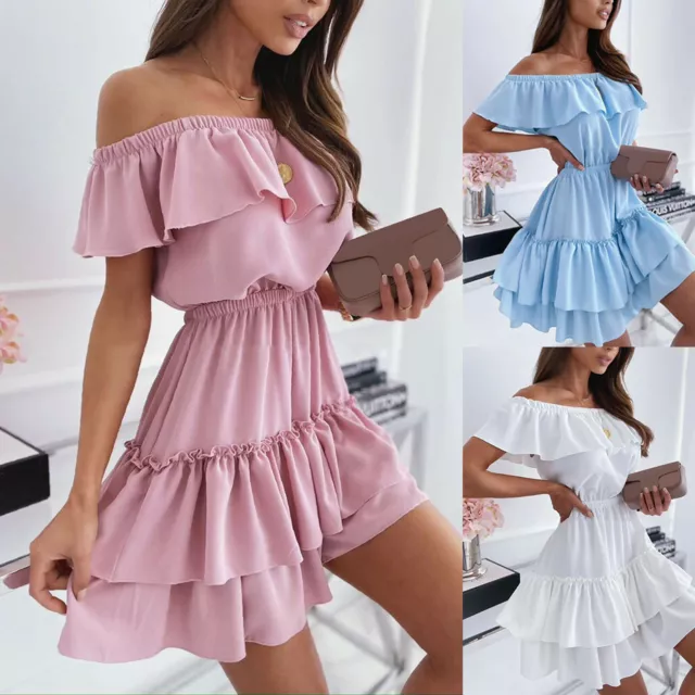 Women Casual Summer Dress Ruffles Hem Off Shoulder Lady A-Line Mini Dress Beach