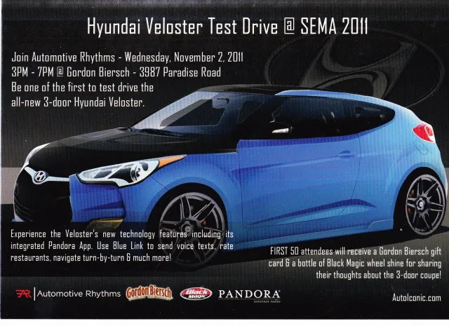 2011 Hyundai Veloster Test Drive SEMA Show Promo info card