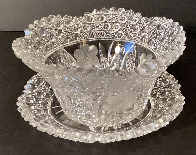 Antique ABP American Brilliant Period Cut Glass Mayonnaise Bowl With Underplate