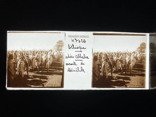 ETHIOPIE 1890 MENELIK PLAQUE VERRE 45x107 VUE STEREOSCOPIQUE VERASCOPE RICHARD