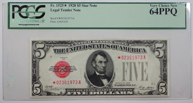 1928 $5 Legal Tender Star Note Fr. 1525 PCGS Very Choice New 64 PPQ *Scarce*