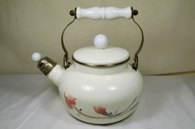 Vintage White Enamelware Whistling Teapot w/ Porcelain Handles Floral Pattern