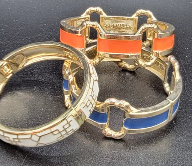 Lot Of 3 Fornash Gold Tone Blue Orange White  Enamel Hinged Bangle Bracelet