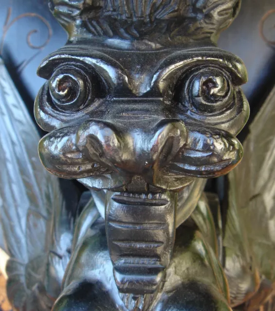 19C Victorian Gothic Gilded/Ebonized Carved Winged Griffin/Gargoyle/Dragon Shelf