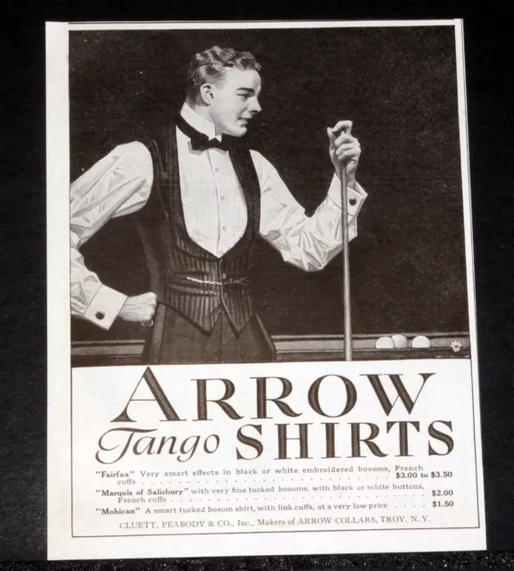 1915 Old Magazine Print Ad, Cluett Peabody, Arrow Tango Shirts, Billiards Art!