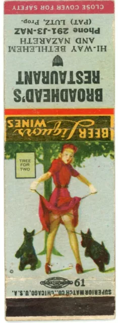 Broadhead's Restaurant, Beer Liquors Wines Pennsylvania Vintage Matchbook Cover