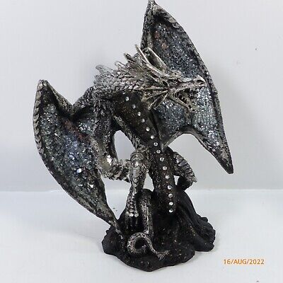 Mythical Dragon Smaug Silver Mirror Statue Ordainment With Detail Wings & Body