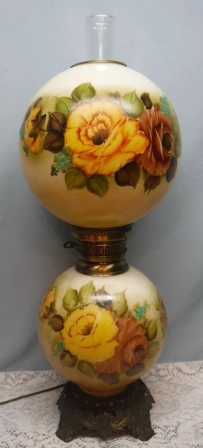 Vtg GWTW Quoizel 1973 Round Globe Floral Parlor Table Lamp 3 Way