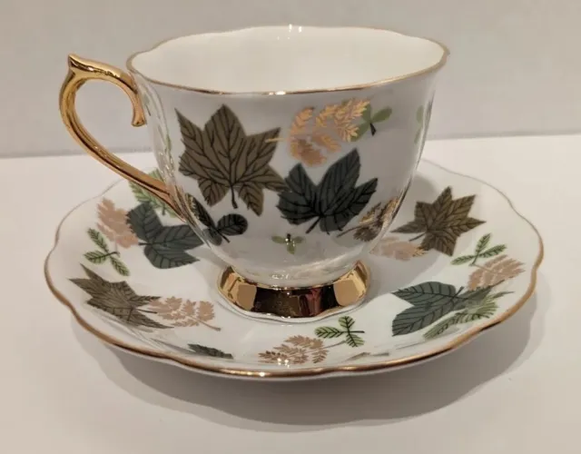 Vintage English Royal Albert Green Leaves Gold Gild Bone China Teacup & Saucer