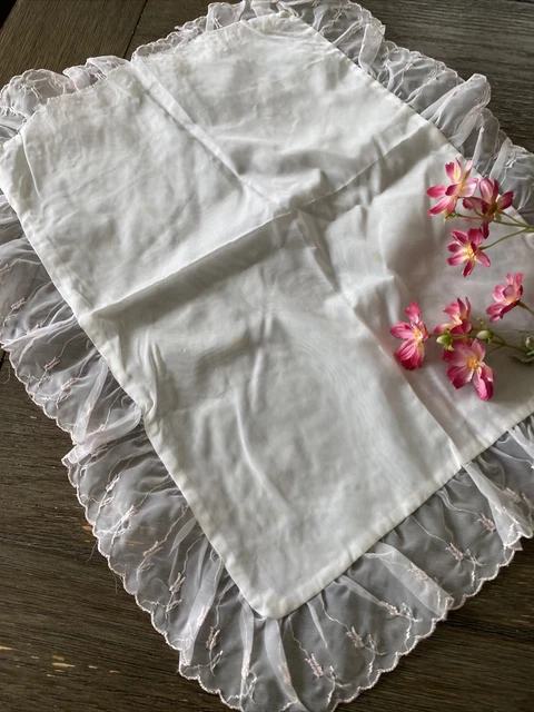 Vintage White Infant Doll Bear Crib Pillow Sham Pink Floral Embroidery