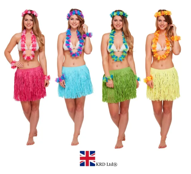 5 Piece GRASS SKIRT & FLOWER GARLANDS SET Hawaiian Tropical Fancy Dress Party UK