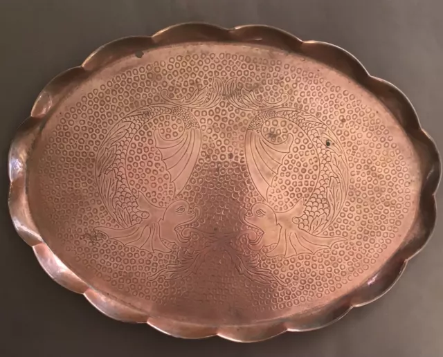 Arts & Crafts Large Oval Copper Charger -Probably Hayle—decorated with fish.