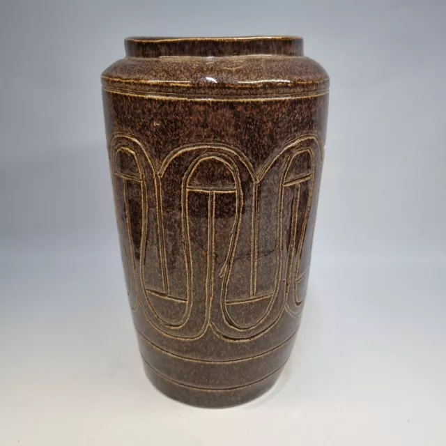 Mid Century Stoneware Vase Sgraffito Brown Glazed Tall Cylinder MCM
