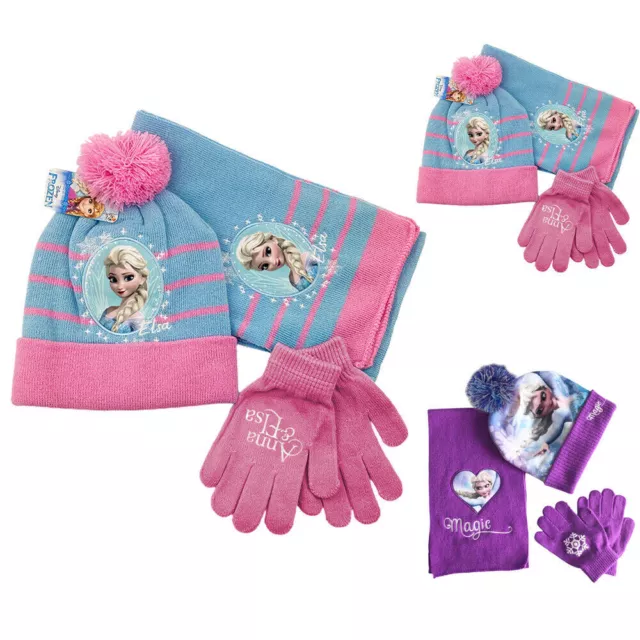 Winter Hat Scarf Gloves Set Kids Girls Elsa Pattern Beanie Scarces Hand Warmer