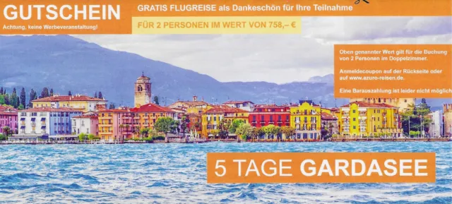Reisegutschein im Wert von 758,00 € für eine 5-tägige Gardasee Flugreise