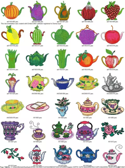 444 Teapots Cups & Saucers Embroidery Machine Designs Collection Pes Brother