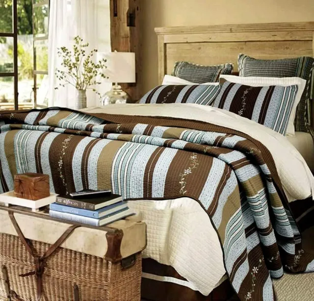 Beautiful Cozy Chic Cottage Brown Blue Tan White Green Patchwork Soft Quilt Set