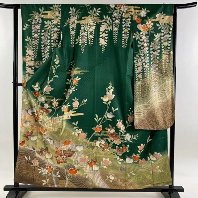 Woman Japanese Kimono Furisode Silk Tachibana Cherry Blossom Gold Foil Green