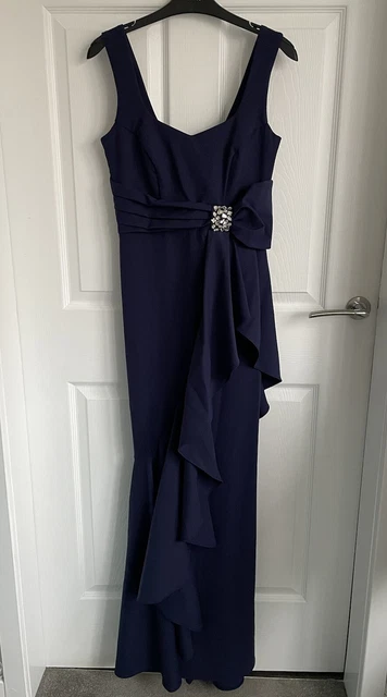 Abito formale da donna blu navy GODDIVA senza maniche cinturino lungo occasione taglia 10 UK