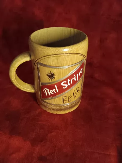 Vintage Coconut Wood Red Stripe Beer "Reggae" Jamaica Mug 5 3/4" Tall