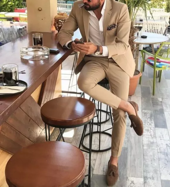 Uomo Abito da Sposa Beige 2 Pezzi Elegante Sera Festa Indossare Cena Giacca Tuta