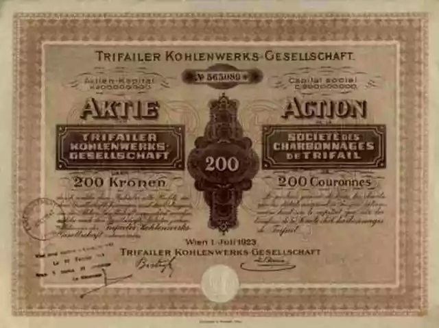 Trifailer Kohlenwerke 1923 Wien Istrien Zagorje Genf Lyon 200 Kronen Slowenien