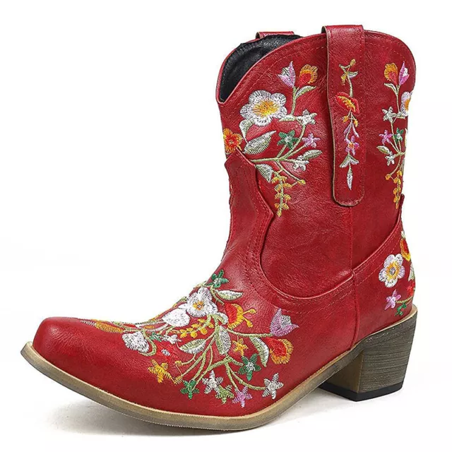 Womens Cowboy Boots Embroidery Cowgirl Western Low Block Mid Calf Riding Boots
