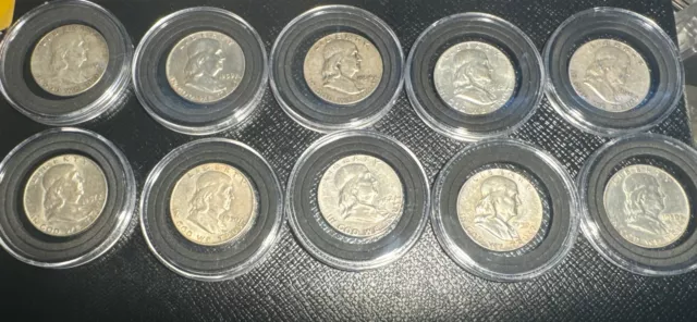 Benjamin Franklin Half Dollar Lot - Random Dates - Ten Coins In Holders