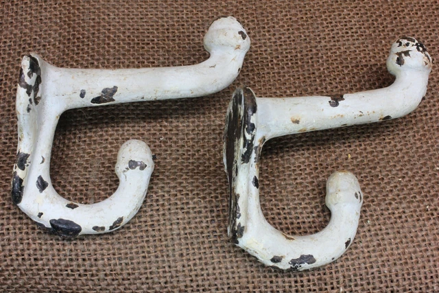 2 Old Coat Hooks Farm School House Blue Acorn Tip Heavy Iron 3” Vintage 1880’s