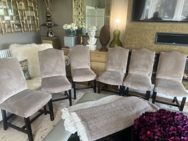 Great quality set of 6 oak dining chairs with taupe beige velvet fabric