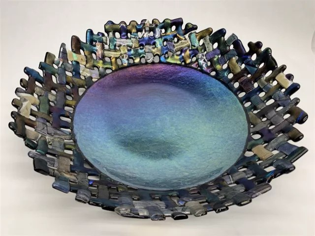 X-Lg 18 1/2" Hathcoat Studios Iridescent Art Glass Lattice Centerpiece Bowl