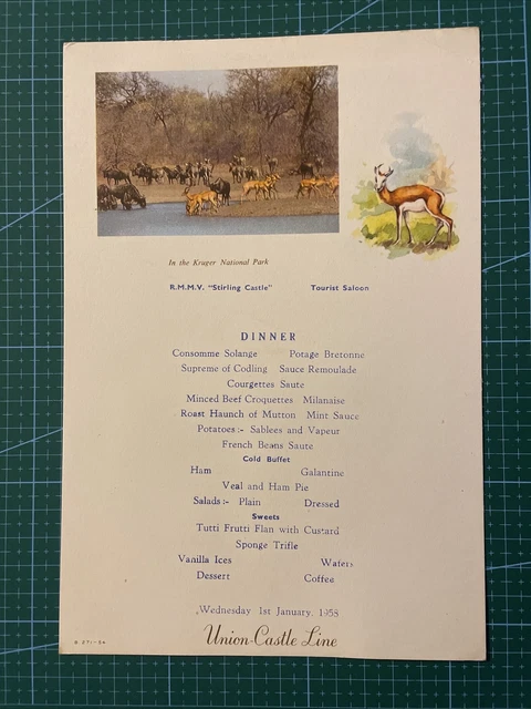 Union Castle Line Menu - R.M.M.V STIRLING CASTLE / Kruger National Africa  1958