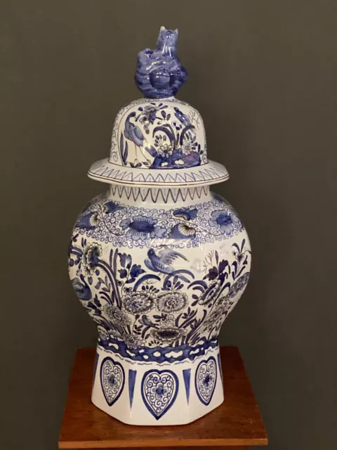 Pot couvert potiche décor Delft AD chien de Fô chinois oiseaux L5926 3