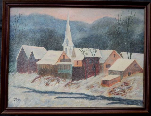 Janet Sberro Regionalist Church in Winter Landscape Older Oil Painting NO RES.