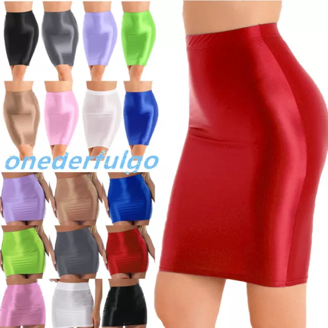 Women Glossy Shiny Bodycon Skirt Slim Fit Mini Skirts Solid Color Pencil Skirt