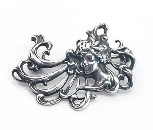 Art Nouveau Nymph sweeping cartouche woman sterling silver vintage brooch