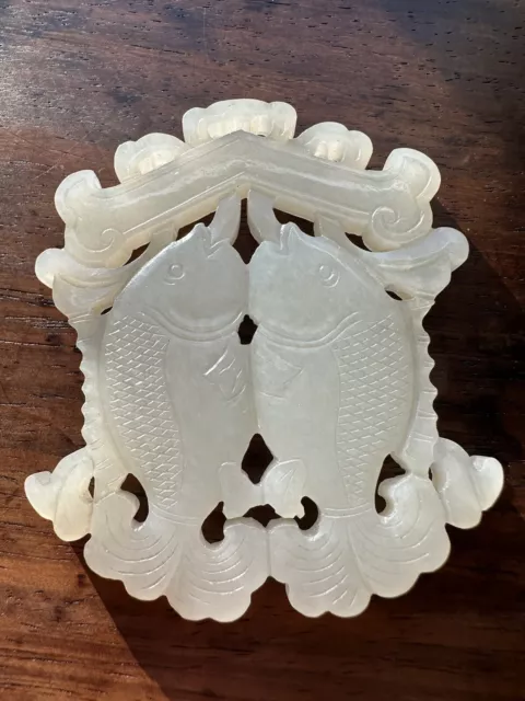 Nice Chinese Carved White Jade Double Fish Antique Plaque