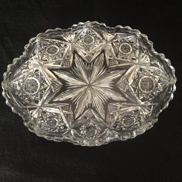American Brilliant Period Cut Crystal  Oval Glass Bowl Dish 10"