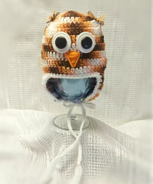 NEW Handmade Child's OWL EARFLAP HAT in Brown White with Ties cute funny toddler